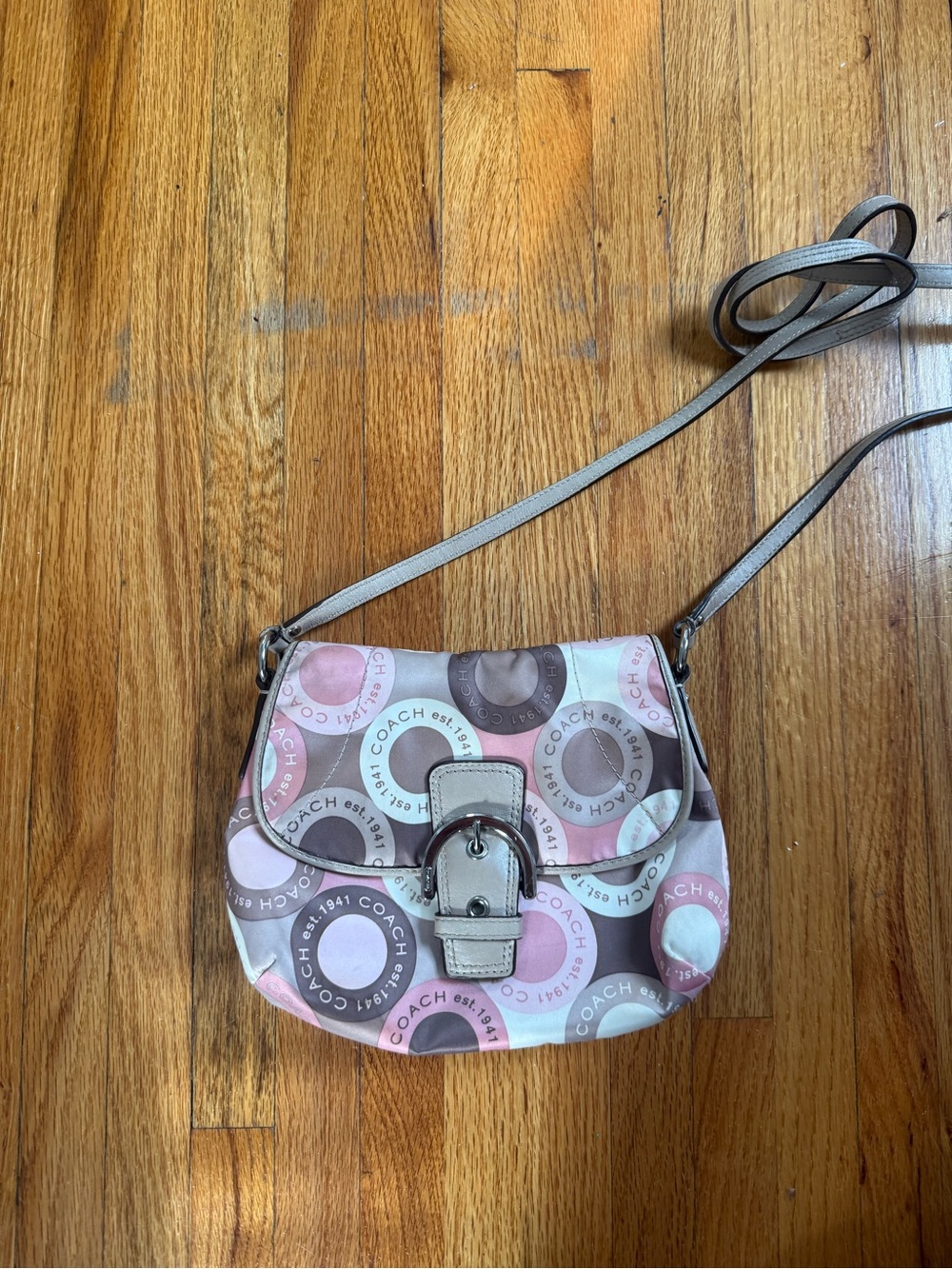 COACH Pink, Brown & Cream Circle Signature Crossbody Bag